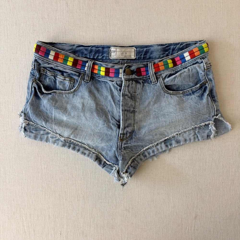 Free People Eliot Rainbow Embroidered Frayed Denim Shorts Women 28 Blue